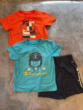 Champion Orange & Teal Graphic Tee + Navy Shorts Set